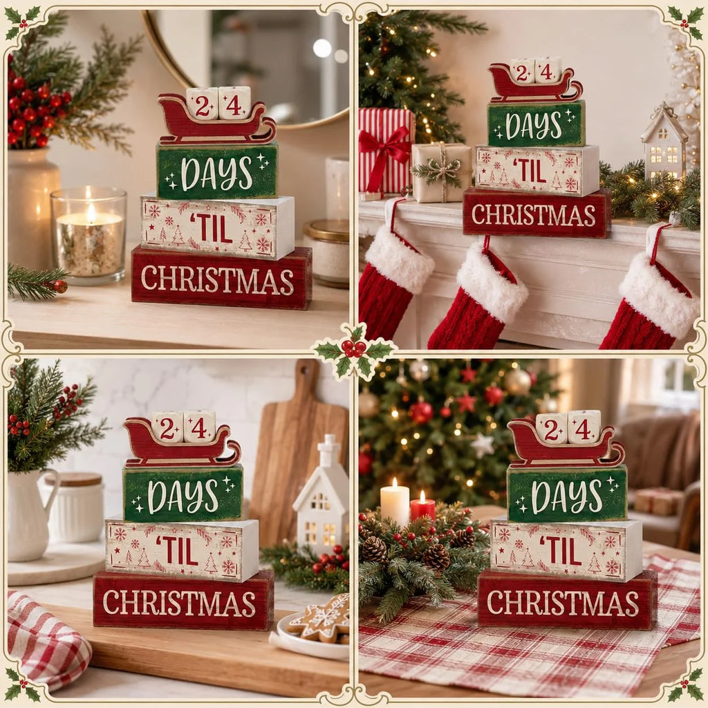 Décorations de Noël en bois pour intérieur, décor de table rustique style ferme, calendrier de l'Avent en bois en forme de traîneau avec compte à rebours avant Noël