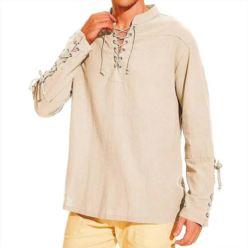 Autumn New Cotton Shirts for Men Costume Beach Tops Drawstring Design Shirt Male Loose Casual Streetwear Long Sleeve Shirt