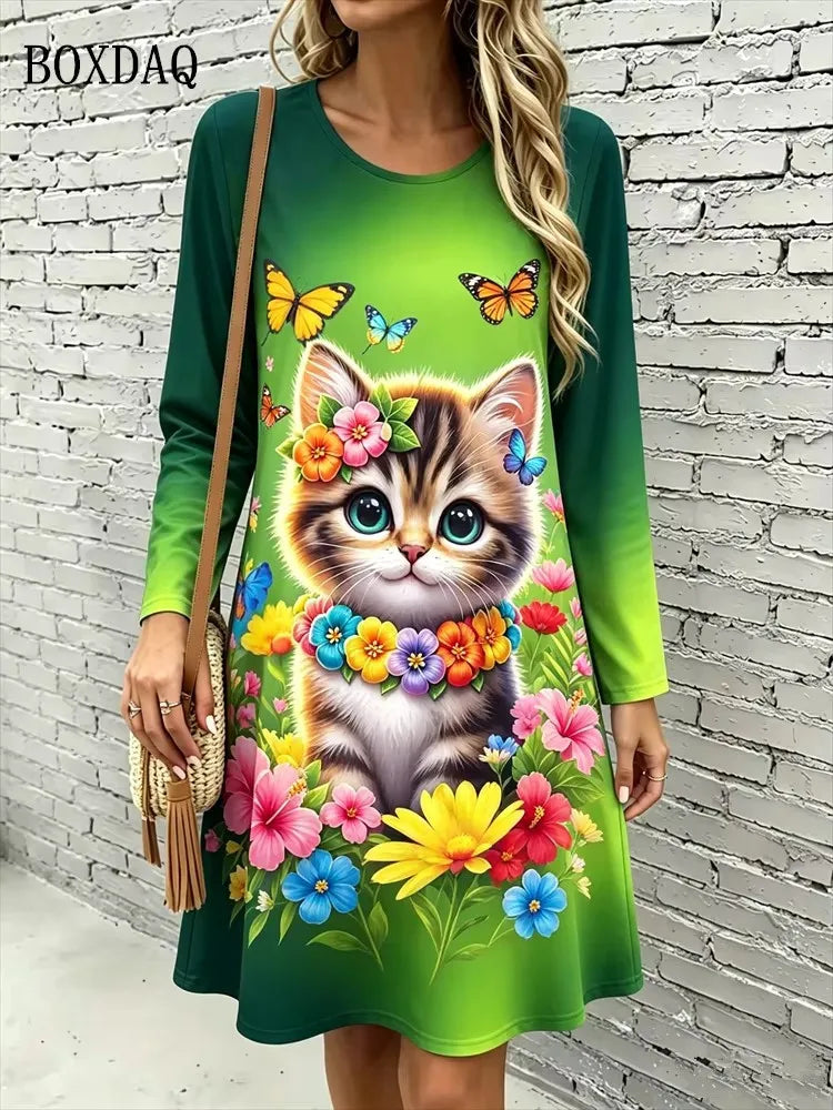 Abito corto da donna a stampa animalier e maniche lunghe