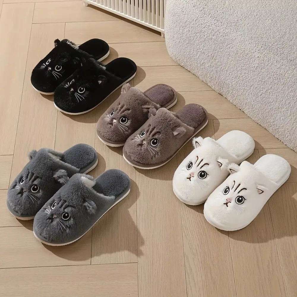 Women's Fuzzy Cat Slippers Winter Warm Cozy Indoor House Shoes With Soft Non-Slip EVA Sole Cute Animal Design For Home Use