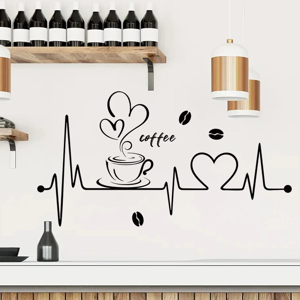 1 Stück PVC-Wandaufkleber, abnehmbar, für Wohnzimmerdekoration, Schlafzimmer, Café, „Liebe Kaffee“-EKG-Muster, Wanddekal, Küchendekoration