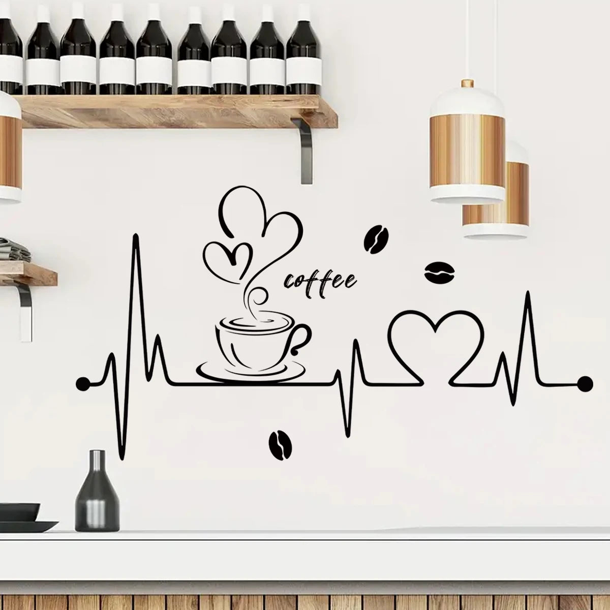 1pcs PVC Removable Wall Stickers for Living Room Decor Bedroom Coffee Shop Love Coffee ECG Pattern Wall Decal Kitchen Decoration