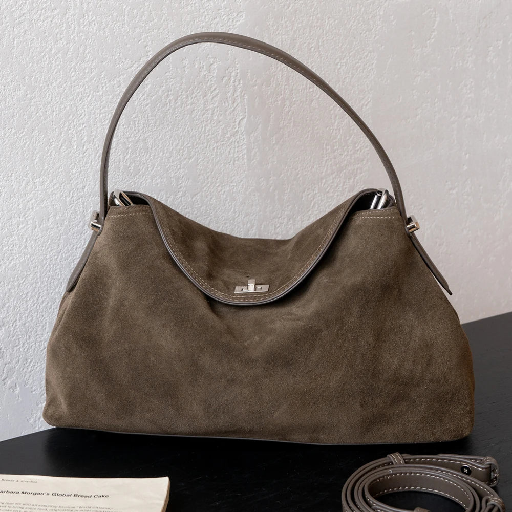 Women Genuine Suede Leather Hobo Bag Vintage Flap Underarm Shoulder Handbag Female Crossbody Large Capacity Commuter Purse Bags