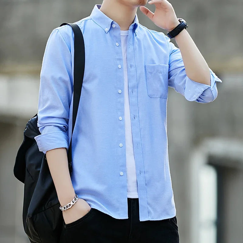Autumn New Long Sleeve Solid Shirts for Men Casual Turn-down Collar Blouse Fashion Casual Business Slim Fit Shirts Button Tops
