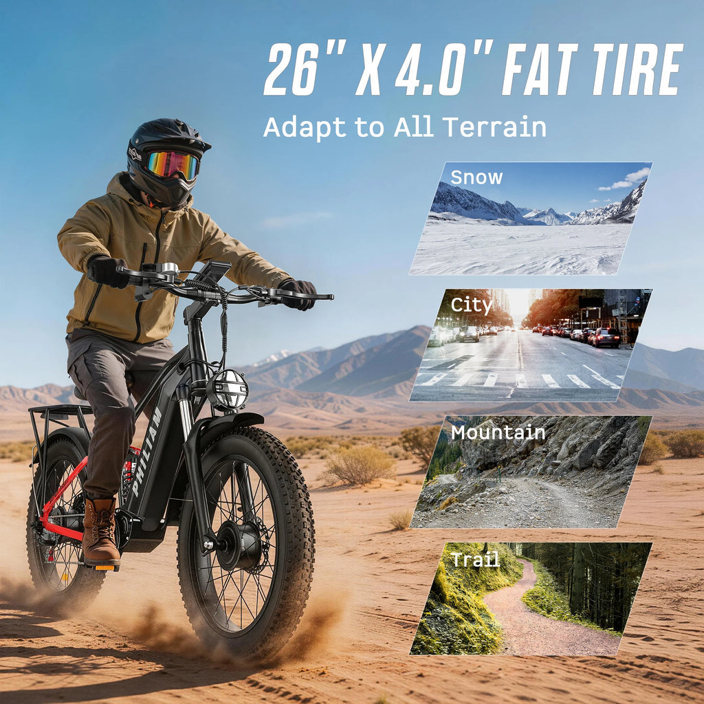 PHILIAM E-bike 3000W Dual Motor 52V 23AH Battery 60KM/H Fat Tire Electric Bike 7-Speed 4-Piston Hydraulic Brakes Adult Electric Bicycle