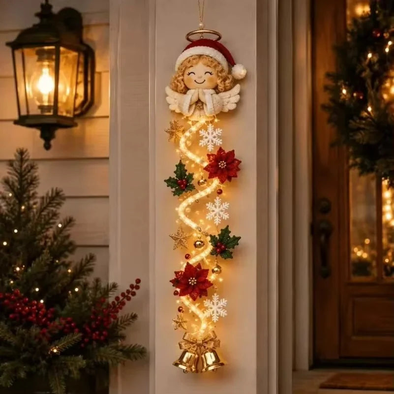 Christmas Door Hanger LED Glowing Handmade Crochet Santa Xmas Tree Bell Ornament Home Wall Front Door New Year Ornaments