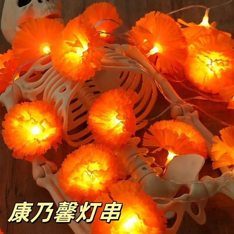 5 Ft LED Orange Marigold Garland Lights for Day of The Dead Halloween Diwali Christmas Party Home Decoration