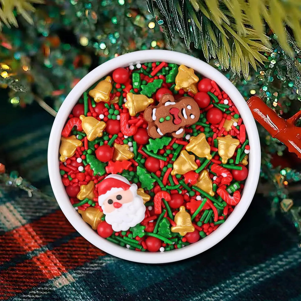 Mezcla de chispas navideñas, árbol de Navidad, Papá Noel, fideos de azúcar navideños, chispas rojas y verdes para decorar galletas