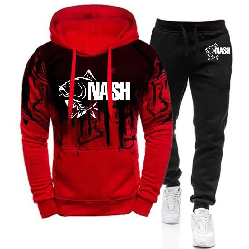 Funny Fishinger Carp Fish Fisherman Print 2025 Spring Autumn Men's New Harajuku Gradient Color Hooded + Pants Two Piece Suit