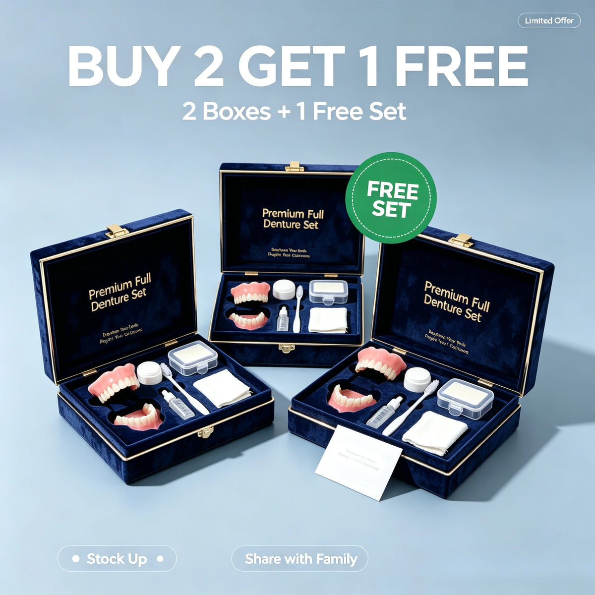 Kit de prothèse dentaire complète en silicone, dents artificielles supérieures et inférieures effet naturel, ajustement confortable, avec coffret cadeau et kit complet de soins dentaires et de nettoyage