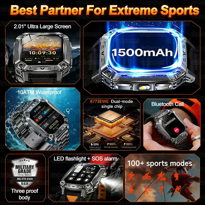 New 1500mAh Military Outdoor Smartwatch For Men LED Flashlight IP69K Waterproof GPS Sports 2.01-inch Bluetooth Call Smart Watch