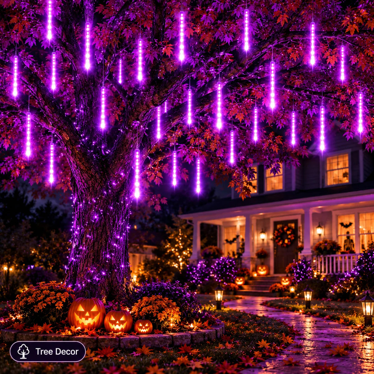 LED String Lights Meteor Shower Falling Rain Tube Lights USB Powered Warm White Purple for Garden Patio Yard Halloween Decor
