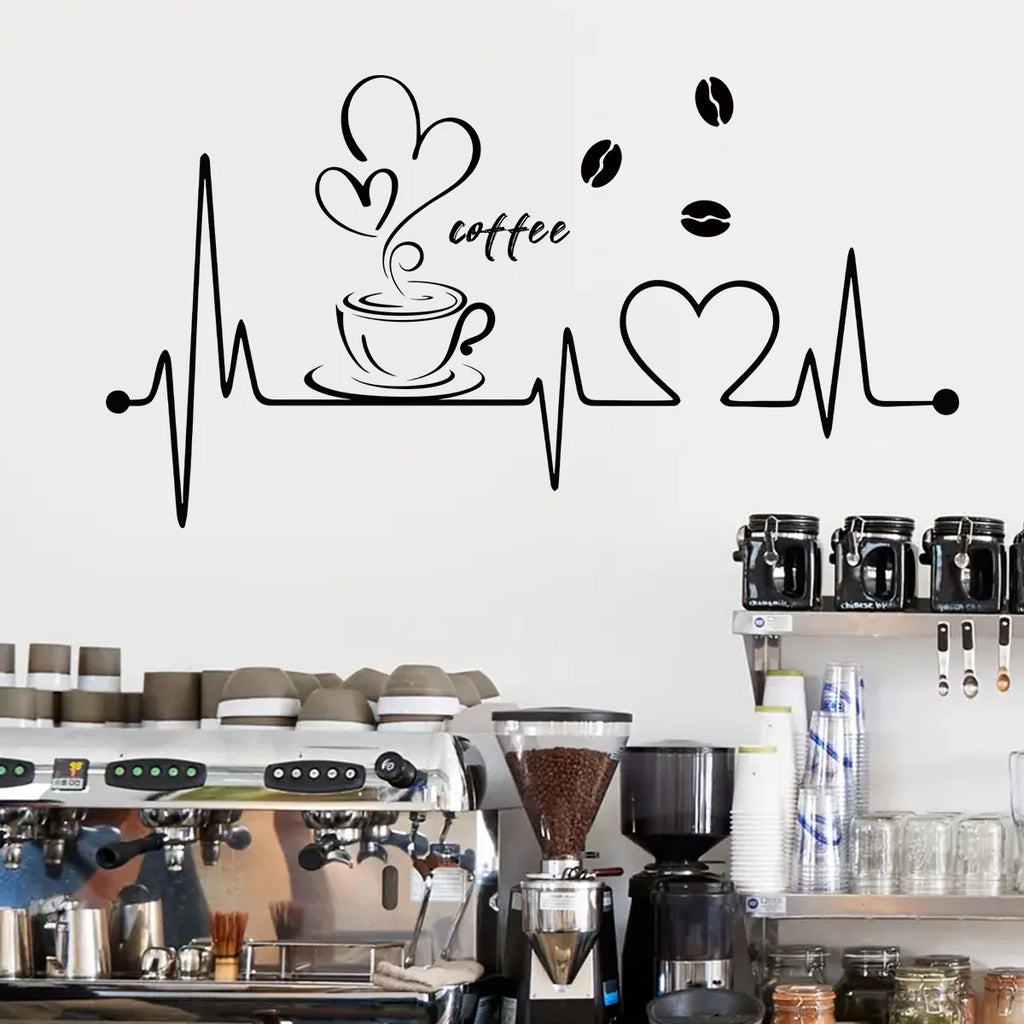 1 Stück PVC-Wandaufkleber, abnehmbar, für Wohnzimmerdekoration, Schlafzimmer, Café, „Liebe Kaffee“-EKG-Muster, Wanddekal, Küchendekoration