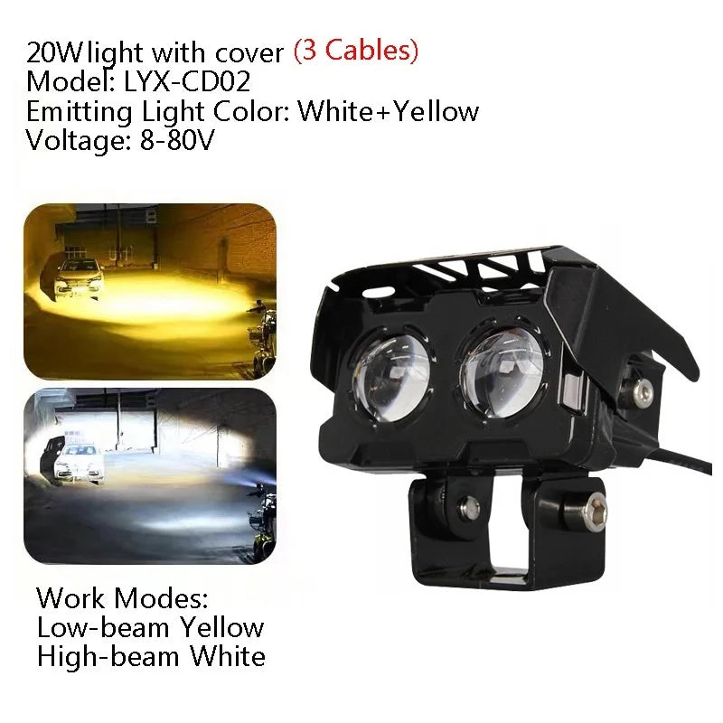 Luz delantera para bicicleta eléctrica, LED blanco y amarillo, lámpara para manillar de ebike con luz larga y corta, faros modificados para vehículos eléctricos