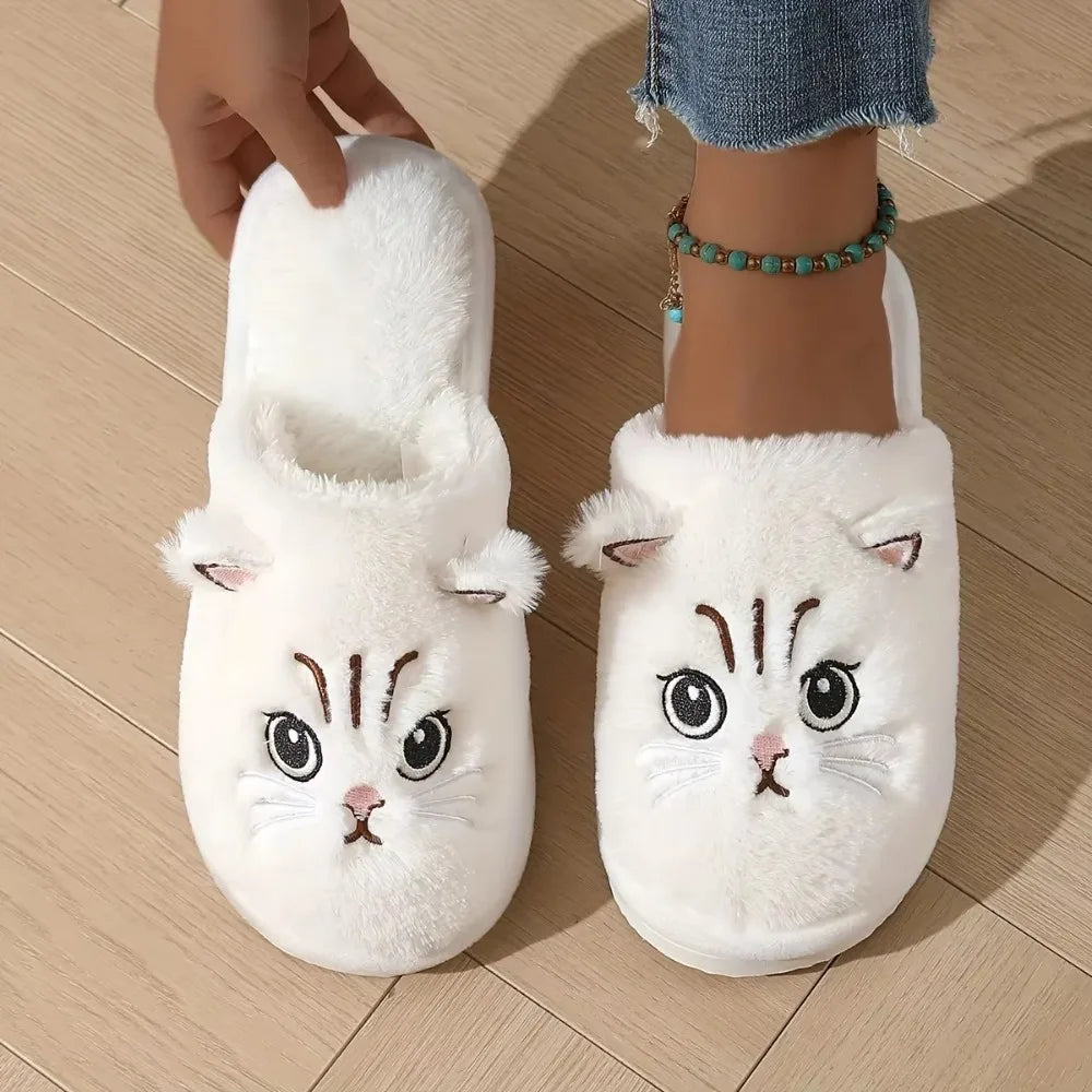 Women's Fuzzy Cat Slippers Winter Warm Cozy Indoor House Shoes With Soft Non-Slip EVA Sole Cute Animal Design For Home Use