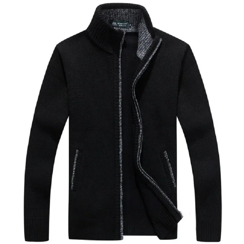 Men's Knitted Sweater Winter Thick Coat Long Sleeve Cardigan Stand Collar Fleece Male Zipper Blouse Causal Clothing for Autumn