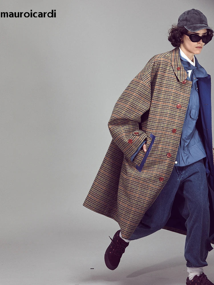 Mauroicardi Autumn Winter Oversized Warm Colorful Houndstooth Wool Blends Reversible Coat Men Luxury Designer Woolen Overcoat