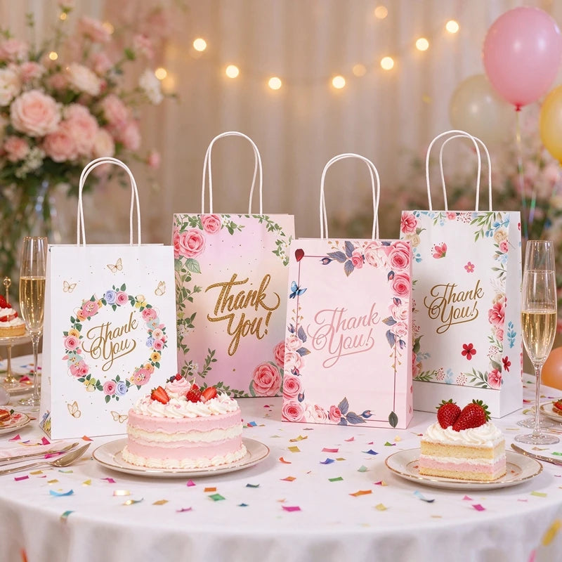50 sacs cadeaux en papier « Merci » avec imprimé floral, anses en papier kraft, pour mariage, anniversaire, baby shower et emballage de cadeaux pour invités (lot de 50)