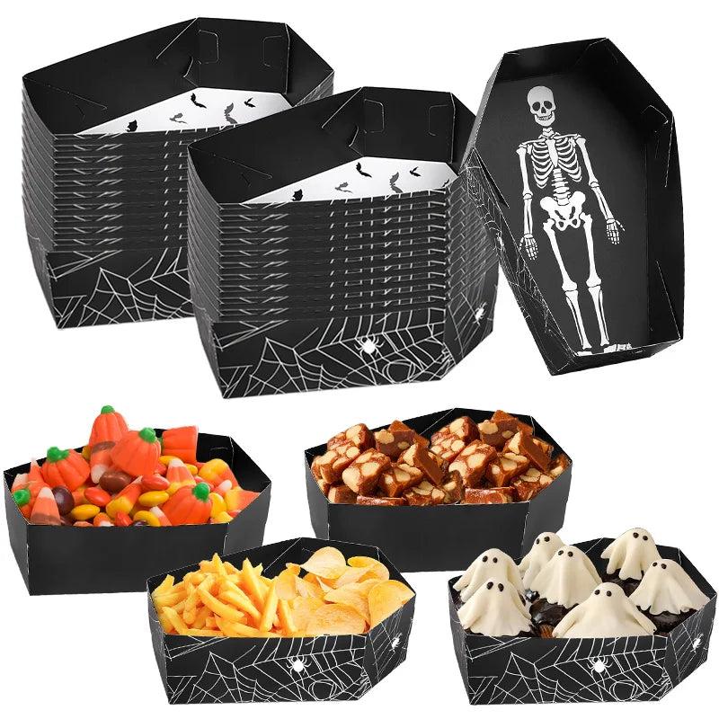 12/24 Stück Halloween Sargförmige Papier-Serviertabletts für Speisen, Süßigkeiten, Snacks, Kekse, Geschenkboxen, Trick-or-Treat Halloween-Party-Dekoration Zubehör