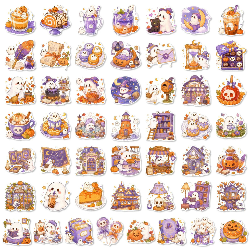 50Pcs Healing Pastel Halloween Stickers Cute Ghost Pumpkin Dessert Waterproof Vinyl Decals for Journal Laptop Phone Gift