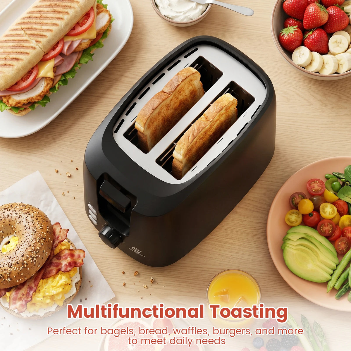 Tostadora SUPERLEX de 2 rebanadas con ranuras anchas, 6 modos, funcionamiento automático y 3 botones, pequeña, de acero inoxidable, para pan