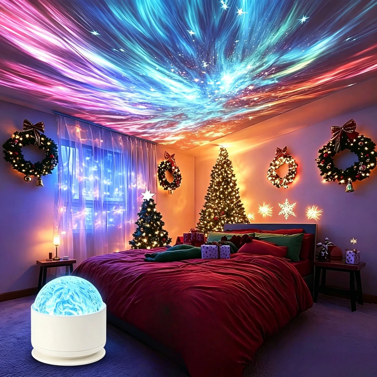 Projecteur de lumière 2 en 1 effet ondulation d'eau et aurore boréale, alimenté par USB avec LED 16 couleurs, télécommande et commandes tactiles, luminosité réglable et rotation à 360°, effet vagues apaisant pour salon, chambre, décoration intérieure