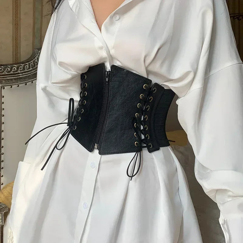 Modischer Punk-Korsett-Weitgürtel für Damen, schlankmachender elastischer Bustier-Taillengürtel aus PU-Leder, Hip-Hop-Gothic-Kleid-Korsettgürtel mit Trägern