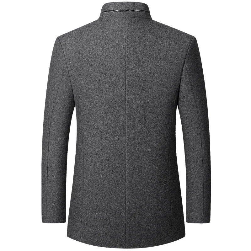 Men's Winter Wool Jacket, Single-breasted, Long-sleeved, Stand-up Collar, Business-casual Top. Gray, Black, Red Coat.