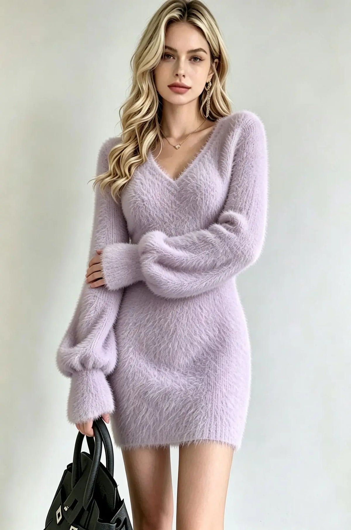 Abito in maglia da donna con scollo a V e maniche a sbuffo