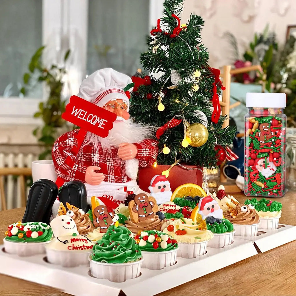 Mezcla de chispas navideñas, árbol de Navidad, Papá Noel, fideos de azúcar navideños, chispas rojas y verdes para decorar galletas