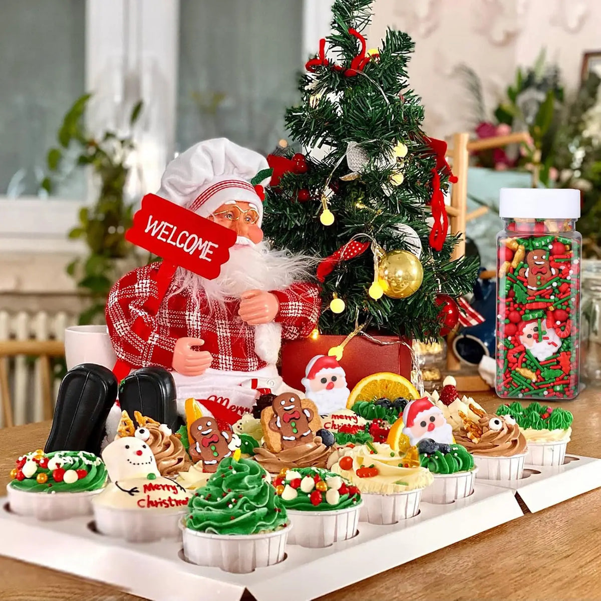 Mezcla de chispas navideñas, árbol de Navidad, Papá Noel, fideos de azúcar navideños, chispas rojas y verdes para decorar galletas