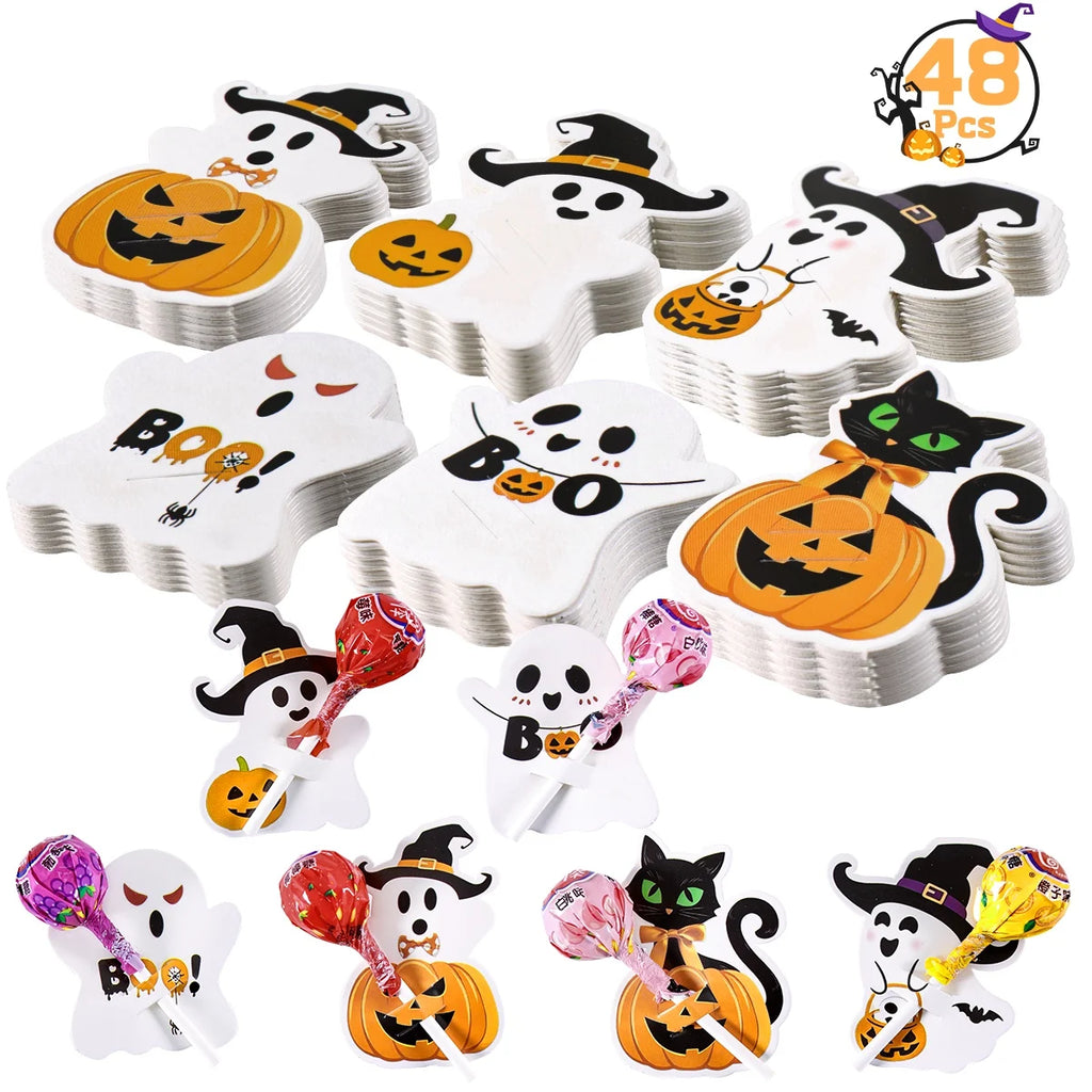 48 cartes porte-sucettes d’Halloween avec motifs mignons de citrouille et de fantôme, pour décoration de fête d’anniversaire ou d’Halloween et cadeaux DIY.