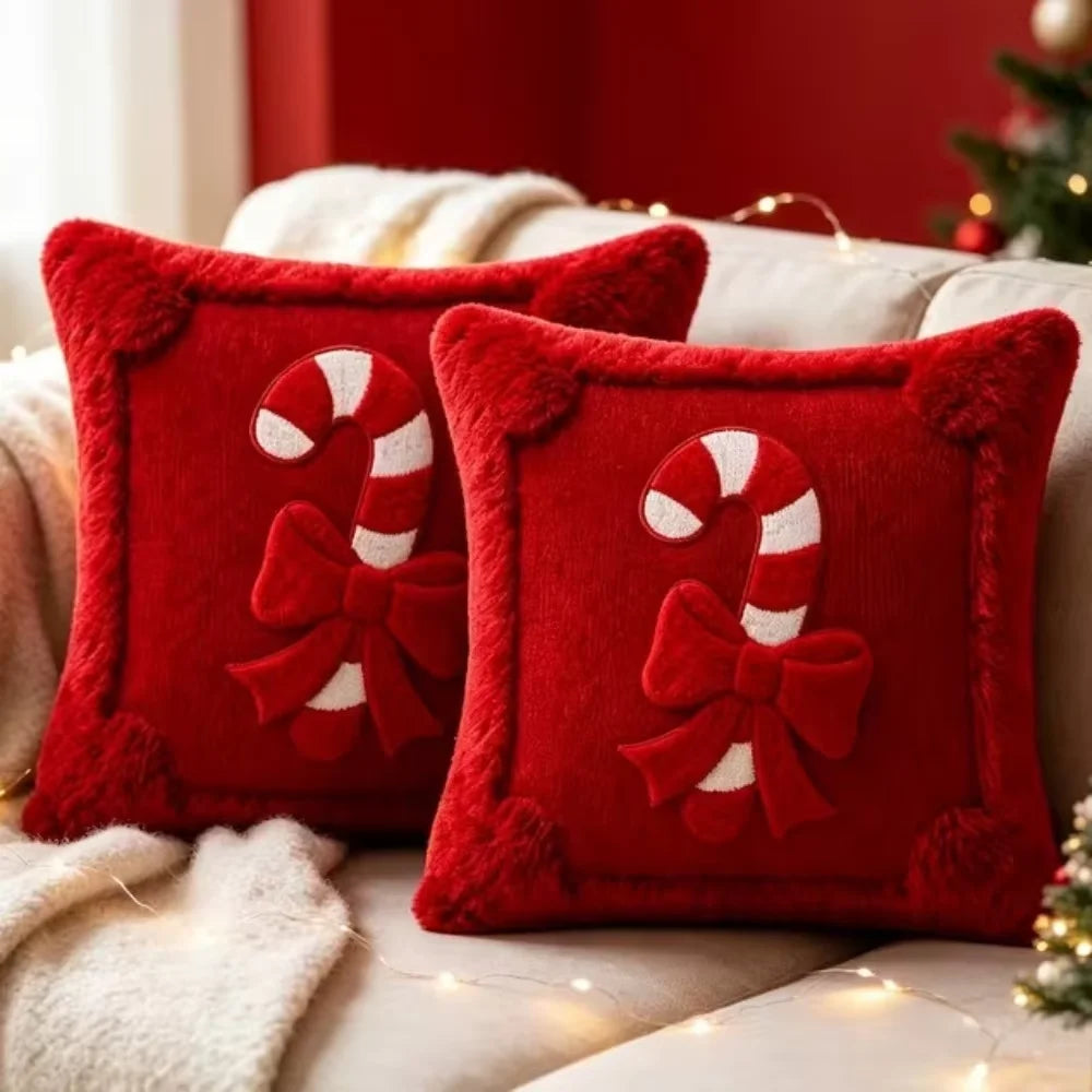 Funda de cojín navideña con diseño de bastón de caramelo, funda de almohada de felpa de piel sintética roja, decoración de sofá para el hogar en invierno