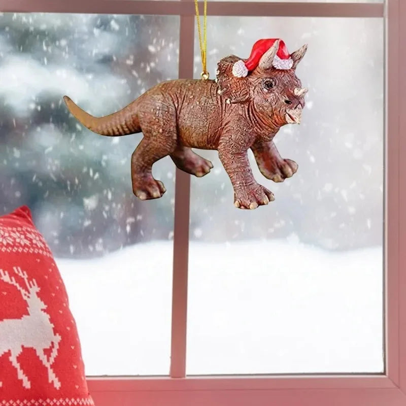 Christmas Tree Hanging Ornaments Dinosaur in Christmas Hat Figurine Decorations