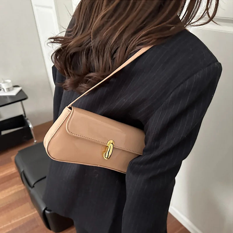 Stylish Wine Red Patent Leather Women Underarm Bag, Sleek Sling Purse with Gold Turn Lock Women's Daily Handbags Shoulder Bags