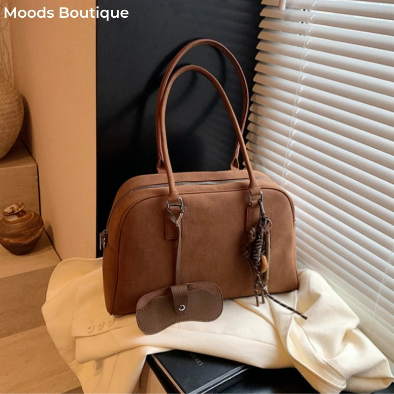 Big Size Women Bowling Bags Suede Pure Color Large Capacity Shoulder Crossbody Bag With Long Strap 2024 Luxury Designer Handbags