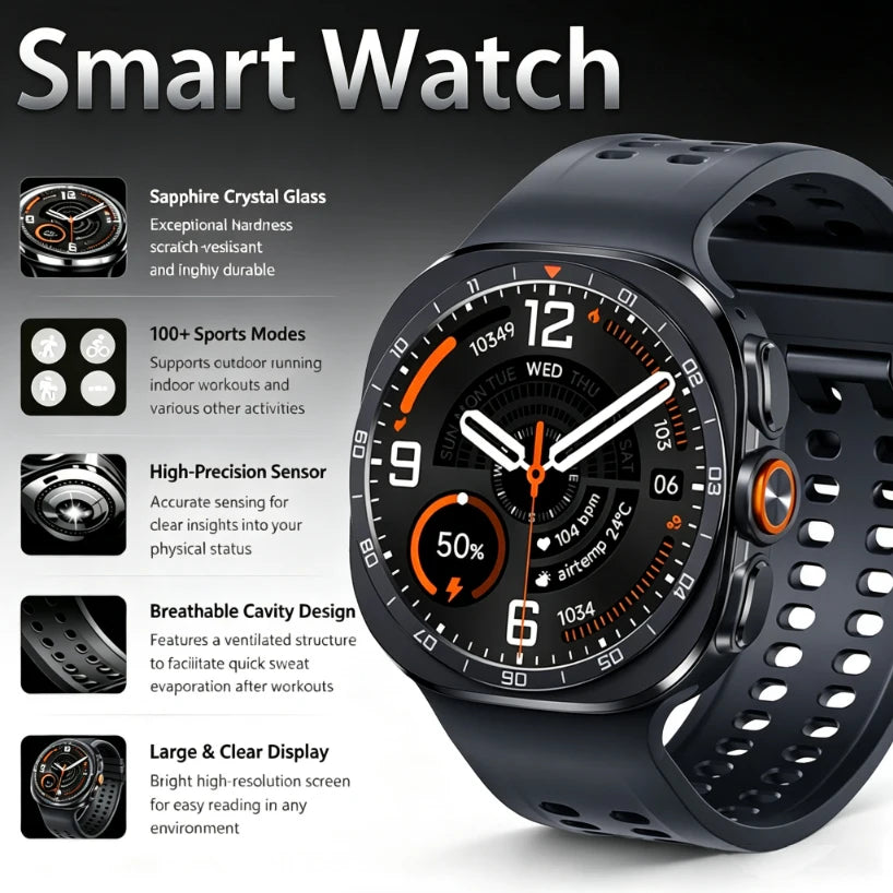 2026 W9 400mAh Men Smart Watch Multi Sport Modes Fitness Tracking Bluetooth Calling Large Battery SOS Outdoor Compass Smartwatch