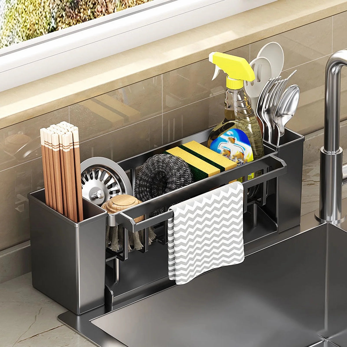 Organizador para fregadero, Soporte para esponja de cocina con soporte para estropajo, Escurridor para paños, Organizador de baño, Soporte para grifo del fregadero