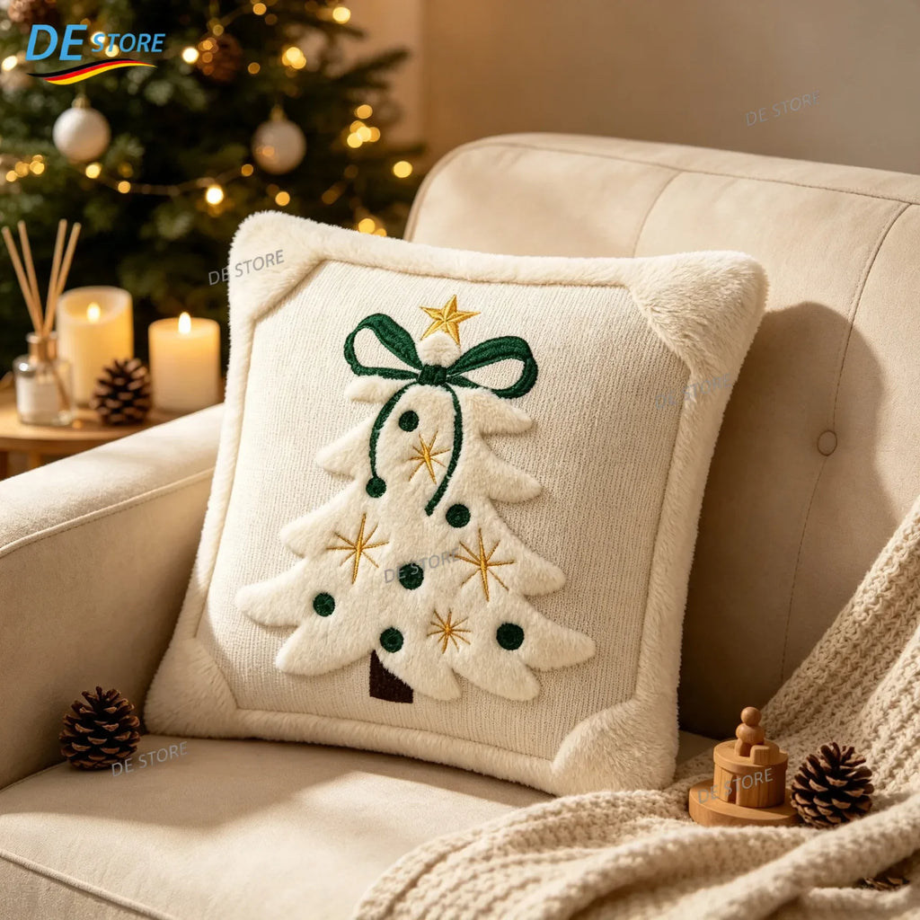 3D-Jacquard-Kissenbezug mit Winterplüsch und gestickter Schleife und Stern, Weihnachtsdekoration, 45 x 45 cm, Geschenk zu Weihnachten und Neujahr