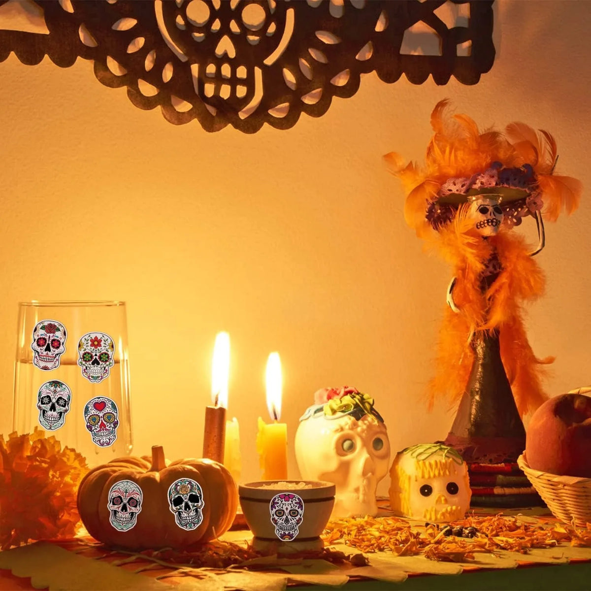 500 Stk. Totenkopf-Aufkleber Halloween Süßigkeiten Totenkopf-Aufkleber Dia de los Muertos Mexiko Tag der Toten Aufkleber für Halloween Party Geschenk