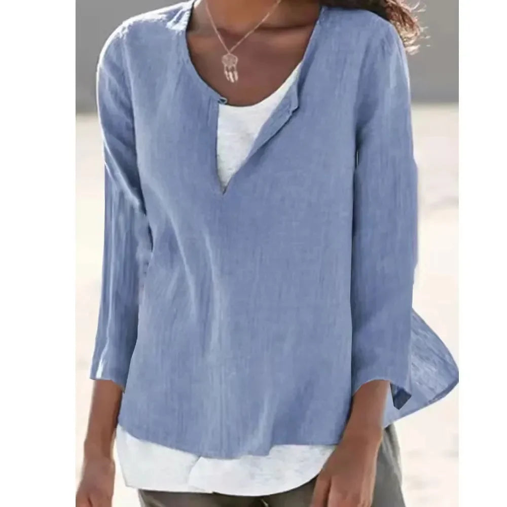 New Summer Autumn Women's Linen Cotton T-shirts Solid Color V Neck Top Casual Loose Long Sleeve Lightweight Pullovers