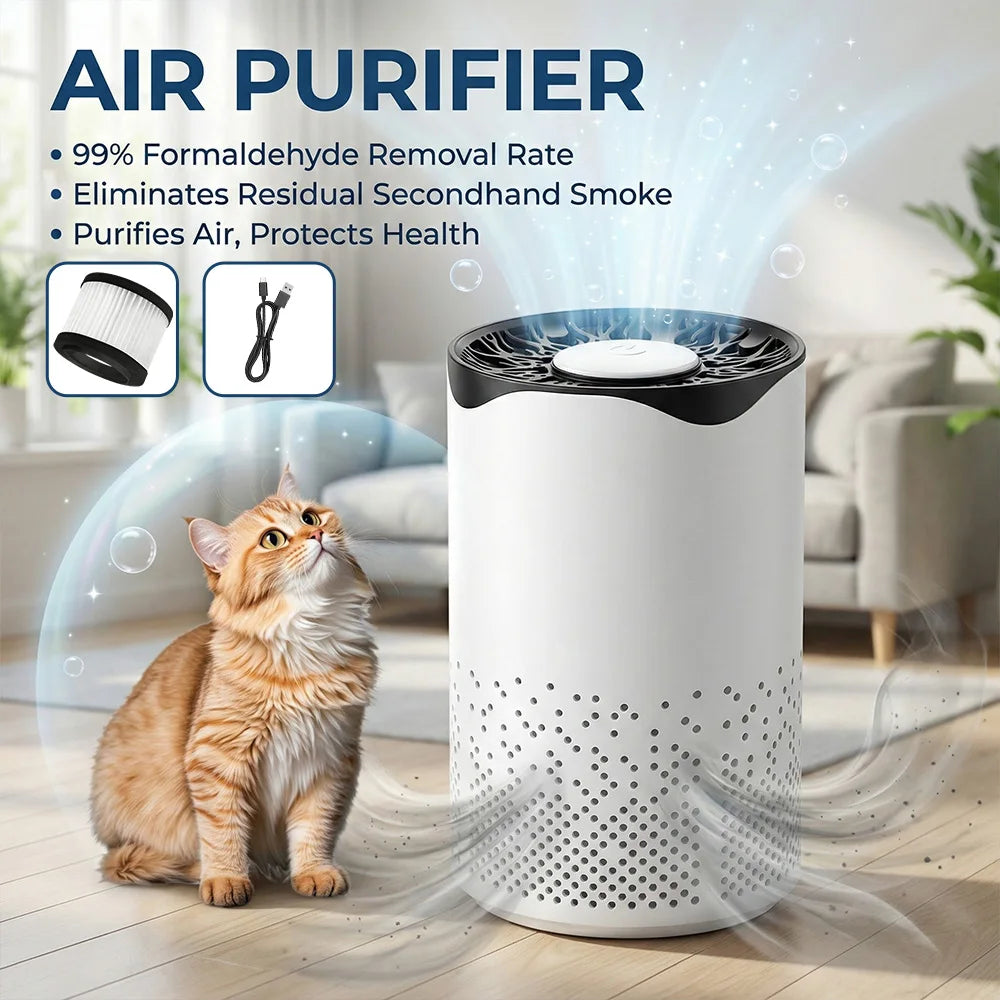 Purificador de aire portátil con iones negativos, alta eficiencia en la eliminación de formaldehído, humo y polvo, mini purificador USB para el hogar, mascotas y dormitorio