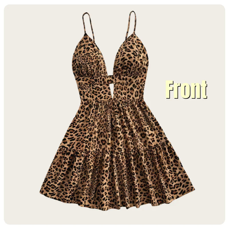 Abito corto da donna con stampa leopardata e scollo a V