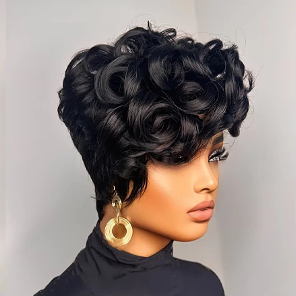 1B# Pixie Cut Human Hair Wig for Women 6" Layered Short Loose Curly with Bangs 180% Density Remy Brazilian Hair Rose Net Cap