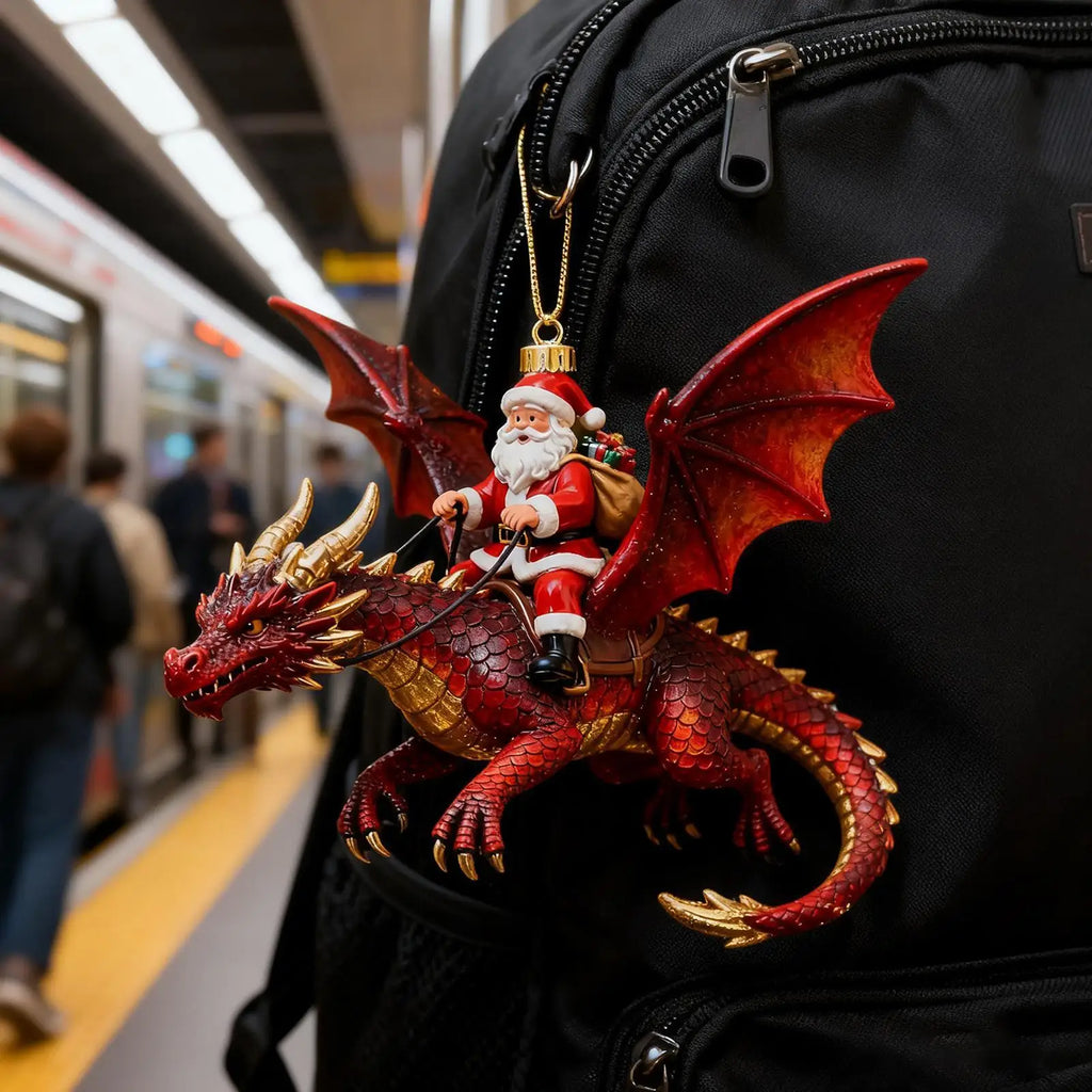 Ornamento natalizio 2D con Babbo Natale su drago, acrilico, 10 cm