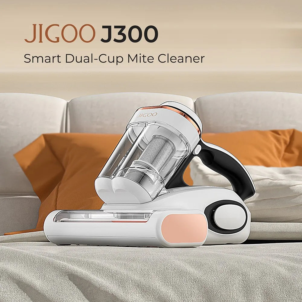 JIGOO J300 Aspirateur intelligent à double bac anti-acariens 500W avec Aspiration 13Kpa Capteur d'acariens Conception à double bac Rouleau de brosse en métal Air chaud 55 ℃