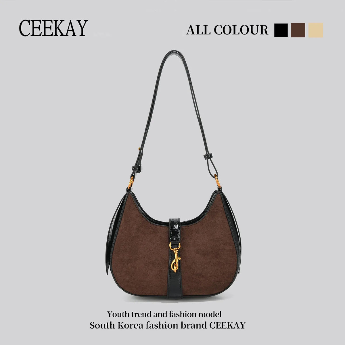 2026 New CEEKAY Suede Splice Hobo Bag, Crescent Shoulder Bag with Metal Hook Decor, Casual Underarm Bag for Women Handbags