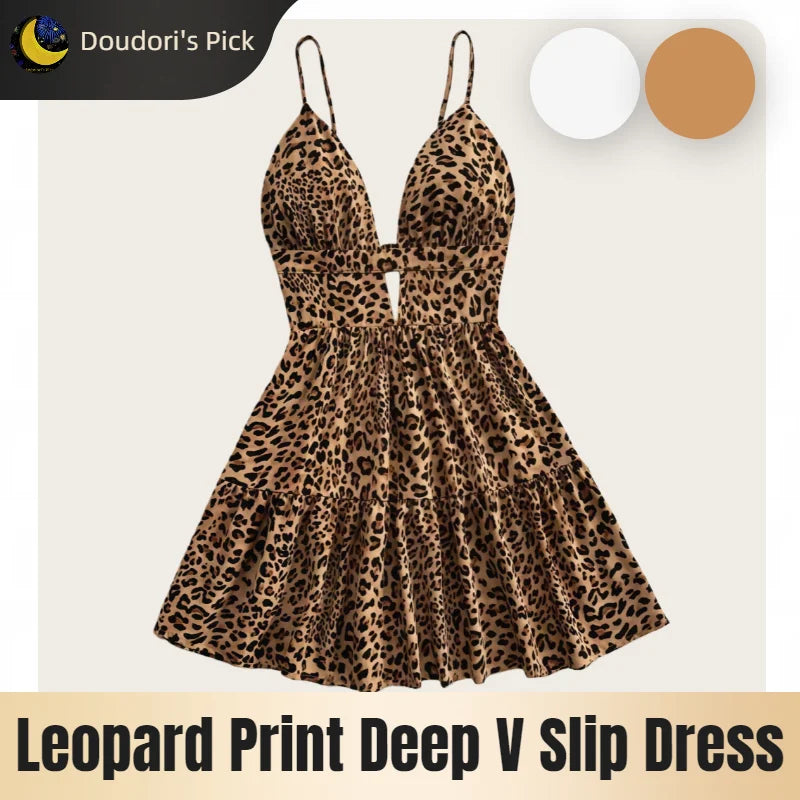Abito corto da donna con stampa leopardata e scollo a V