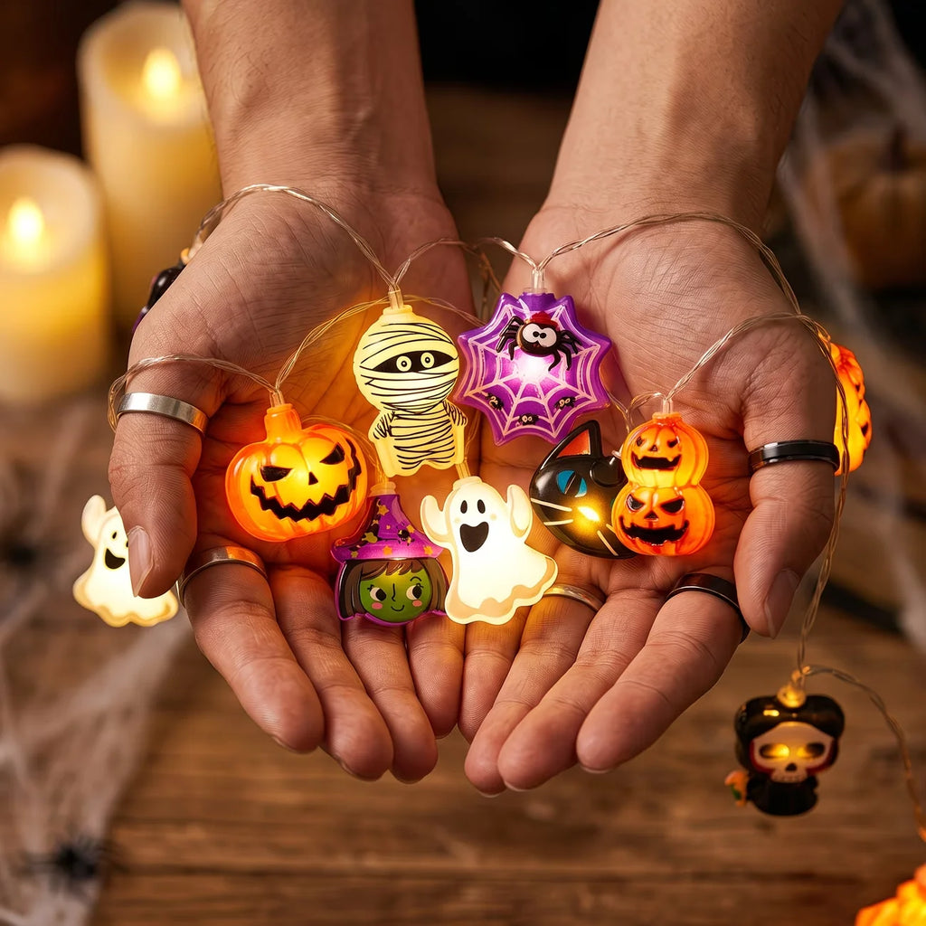 Guirlande lumineuse LED Halloween 10/20 lumières Fantôme Citrouille Momie Squelette Araignée Guirlande à piles pour fête Décoration de maison hantée