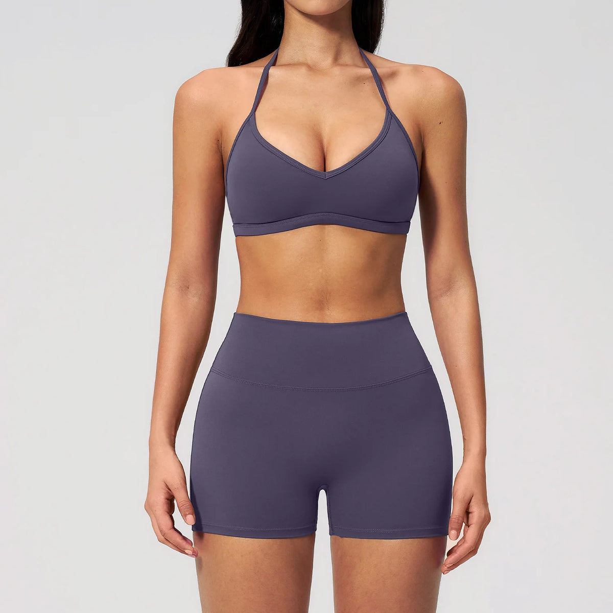 2-teiliges Yoga-Set für Damen, Trainingsanzug mit rückenfreiem Neckholder-Top und High-Waist-Shorts, Fitness-Sportbekleidung für das Training
